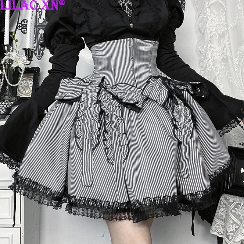 

Gothic Dark Bowknot Striped High Waisted Cortset Short Skirts Y2K Lolita Lace Trim Lace-up A-Line Skirts Women Girls Party Club