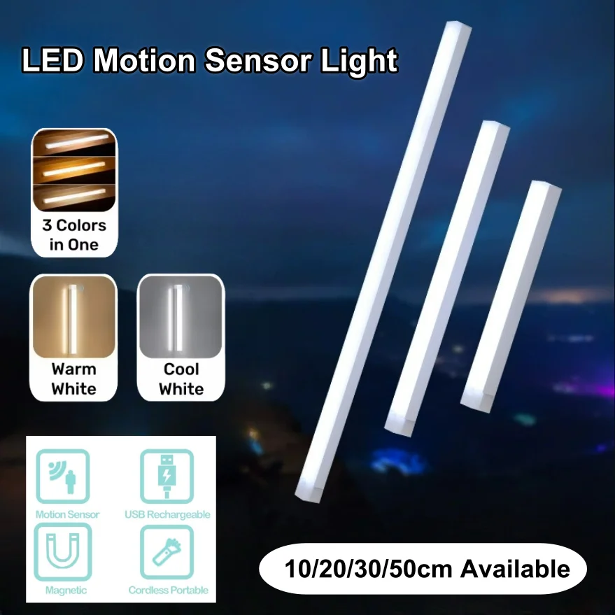 

Rechargeable Motion Sensor LED Bar Light Induction Night Light Portable Lamp for Kitchen Cabinet Bedside Bathroom Mirror Light