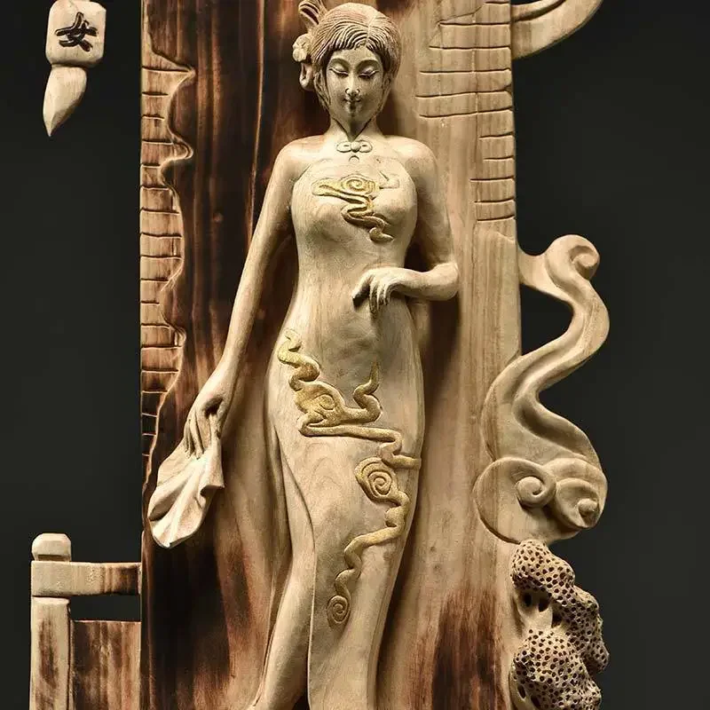 Camphor wood carving lady ornament solid wood handicrafts household collection