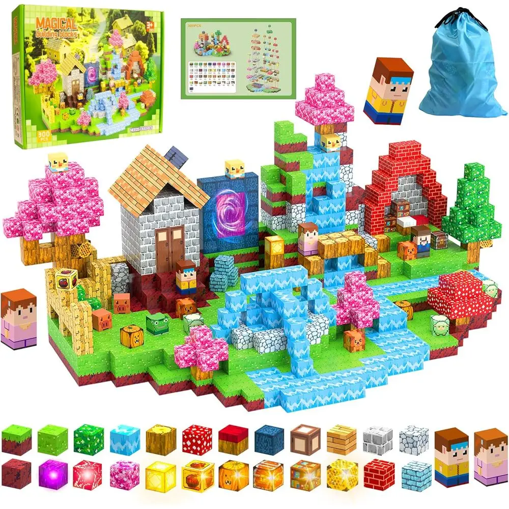 

Light-Up Magnetic Building Blocks Set for Kids 3-5, 300 Pieces with Storage Bag, Ideal Educational Gift for Toddlers