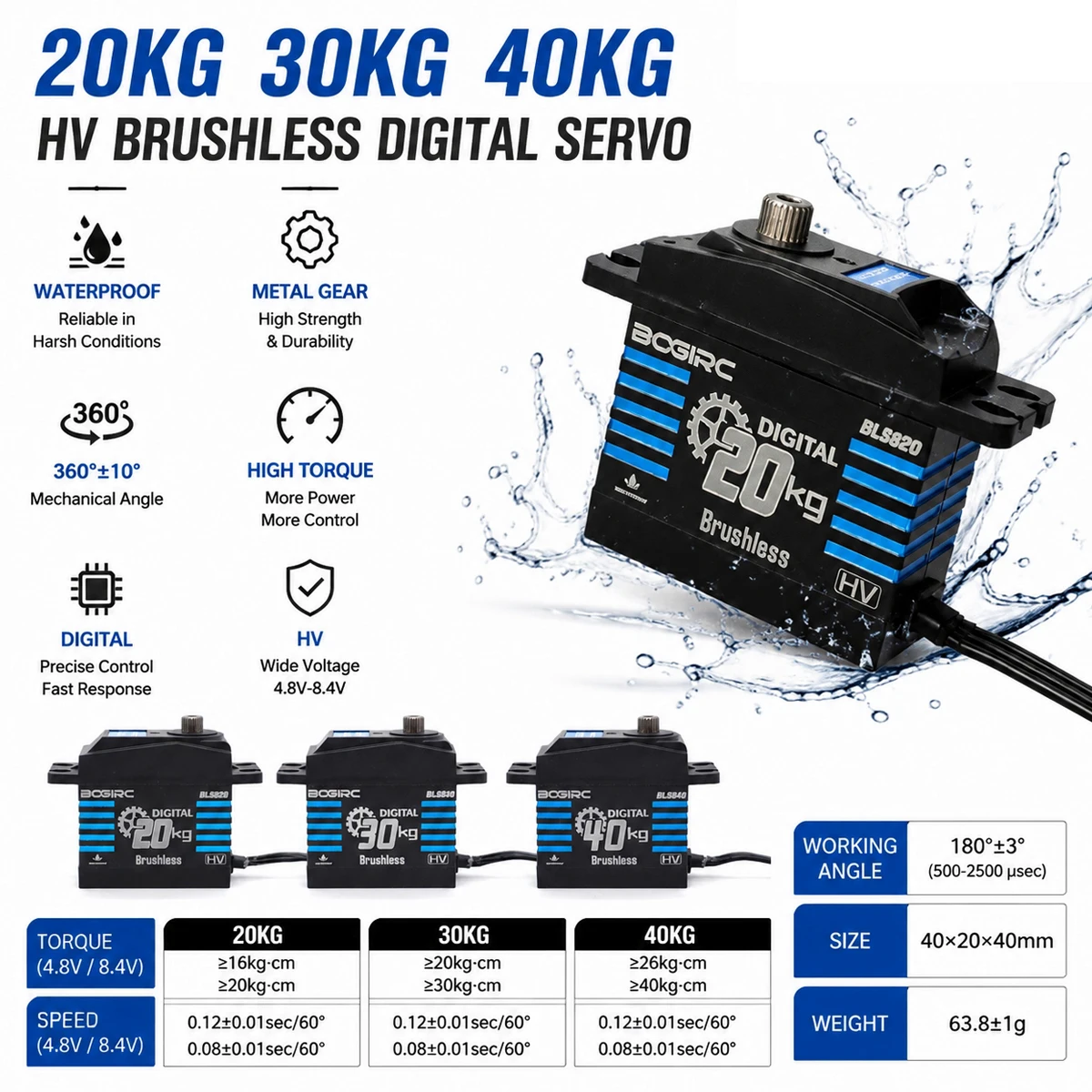 

BOGIRC 20KG 30KG 40KG HV Brushless Digital Servo Waterproof 180/360° for 1/8 1/10 TRX4 TRX6 Scx10 RC Crawler Car Plane Robot Arm