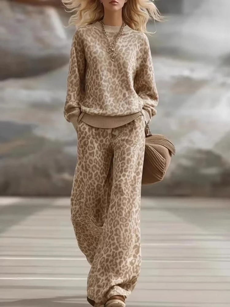 Fall Winter Vintage Leopard Print Pant Sets 2 Piece Sets Woman Elegant O Neck Sweatshirt Wide Leg Trousers Long Sleeve Outfit