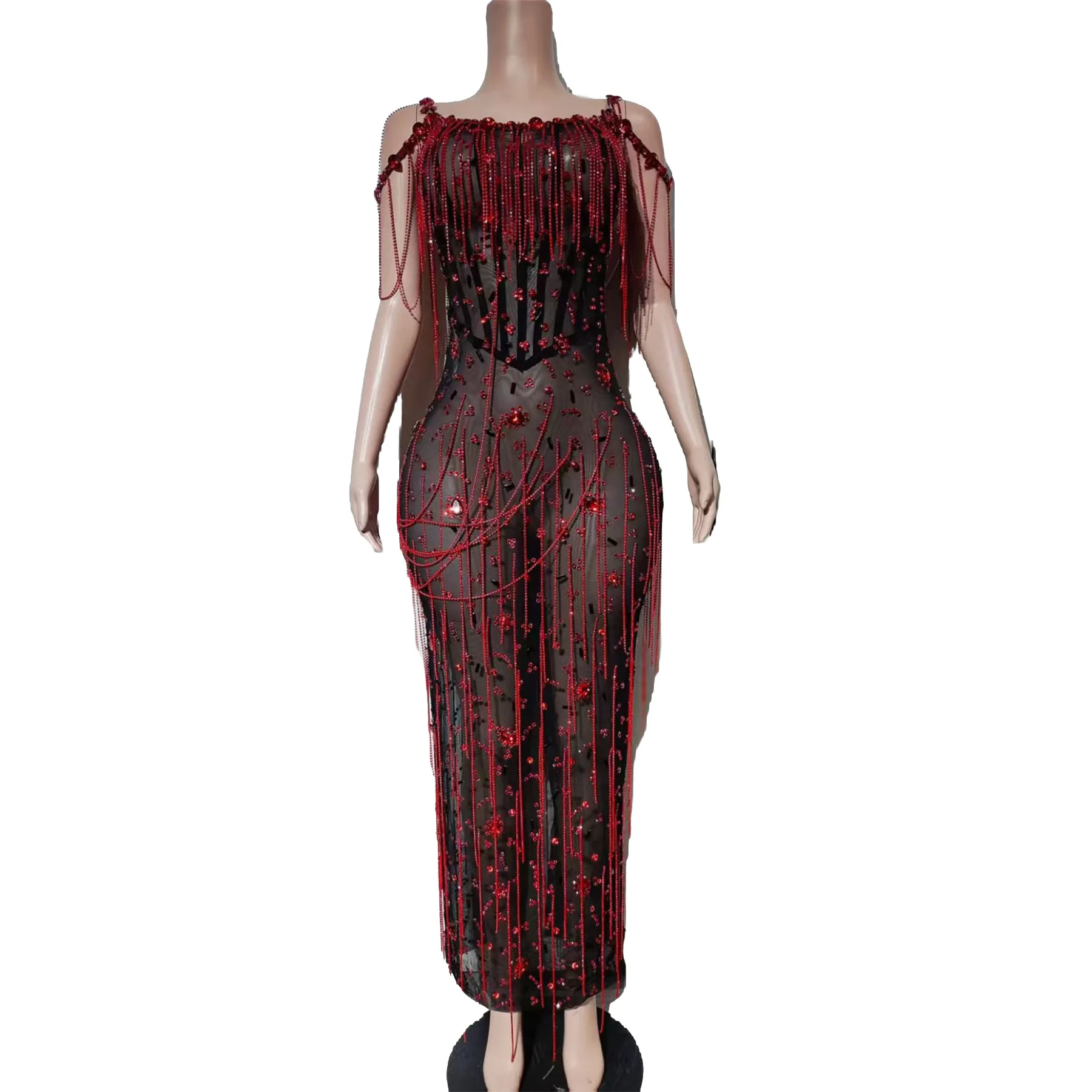 

Lajiaochangqun Black Sheer Mesh Off Shoulder Dress with Red Rhinestone Fringe Embellishments for Drag Queen Stage Performances