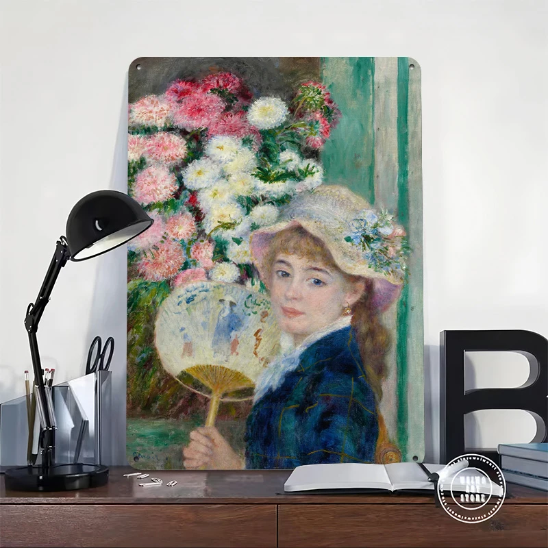 Young Woman With Fan and Flowers Metal Poster Customized Wall Art Retro Vintage Tinplate Signs for Home Decor Accessories Items