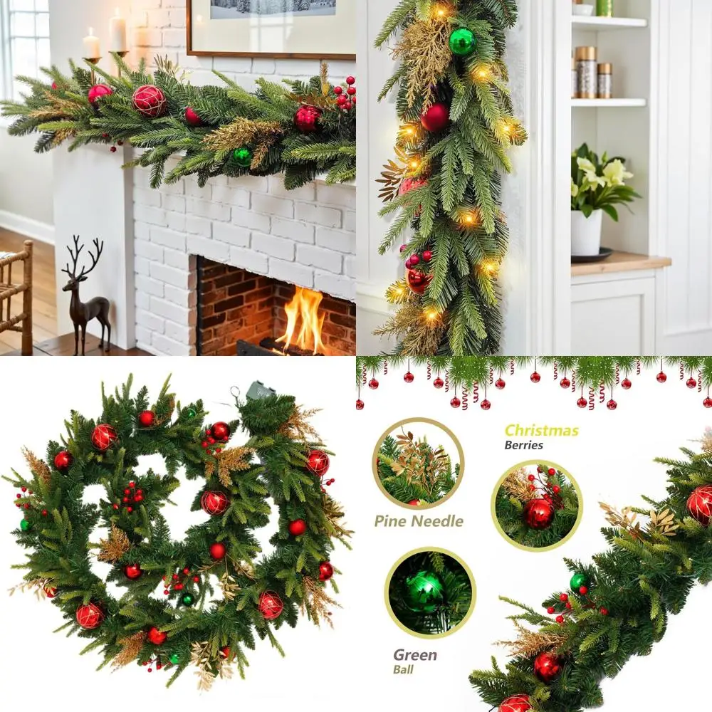 

9-футовая предварительно украшенная светодиодная рождественская гирлянда с 20 красными шарами и 50 теплыми белыми лампочками для декора лестниц и веранд