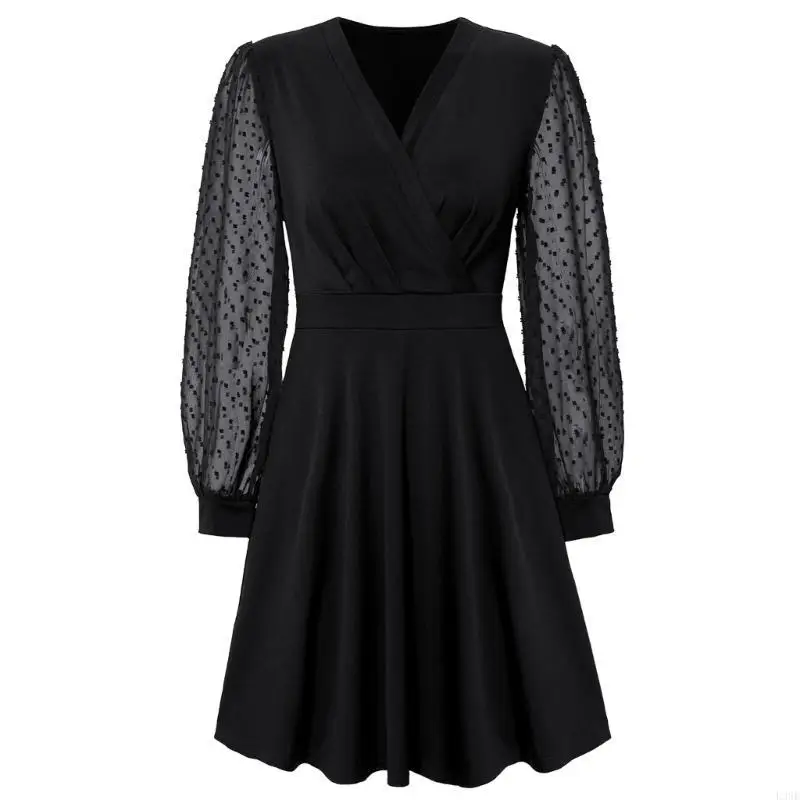 

L38E Women Color V-Neck Swiss-Dot Lace Long Sleeve High Waist Flowy Midi Dress