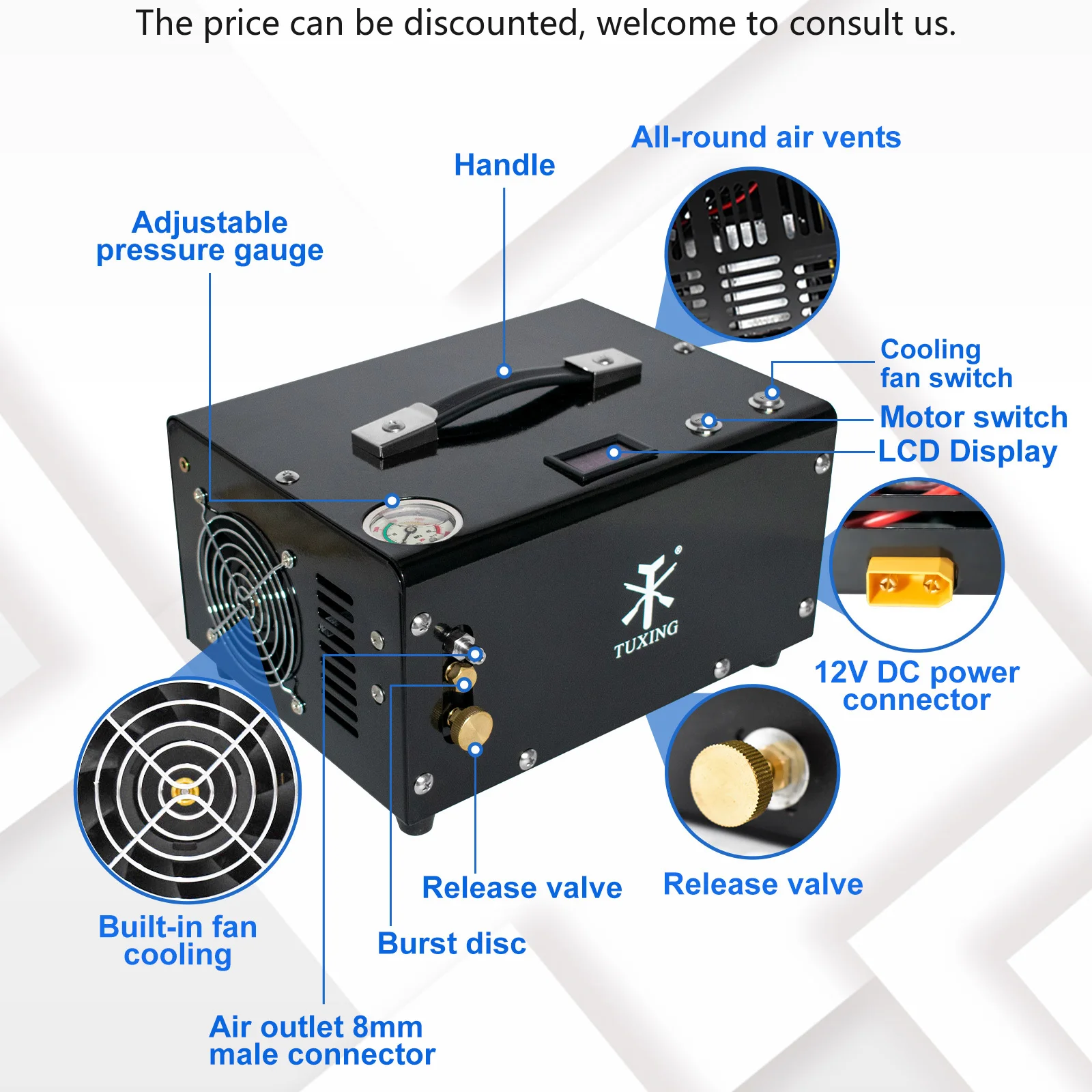

TUXING Wholesale 300bar 4500psi 30mpa External Transformer System Inflator High Voltage 12v Mini Paintball PCP Air Compressor