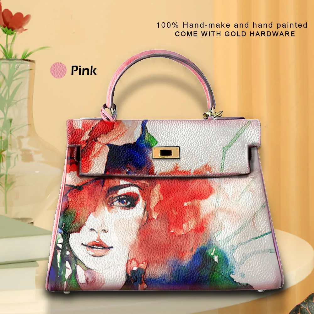 

Hand Draw Half masked girl Customize Art Bags Designer Totes Women purses and handbags Real Cowskin Leather Unique personality