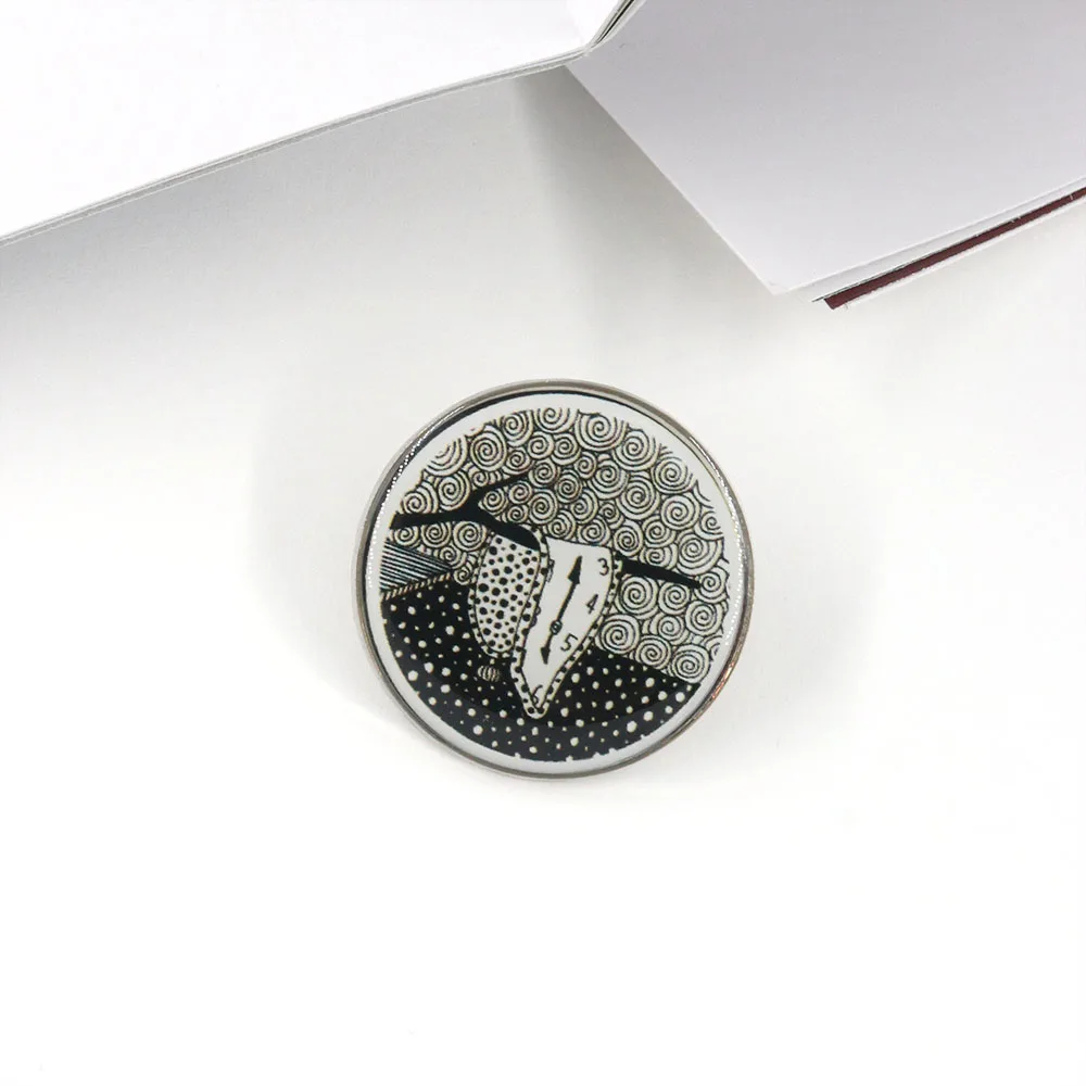 Hypnotic illusion melting clock Black and white dot pattern confuses Trance Metal Alloy Badge Lapel Pin for Clothes Bag Accessor
