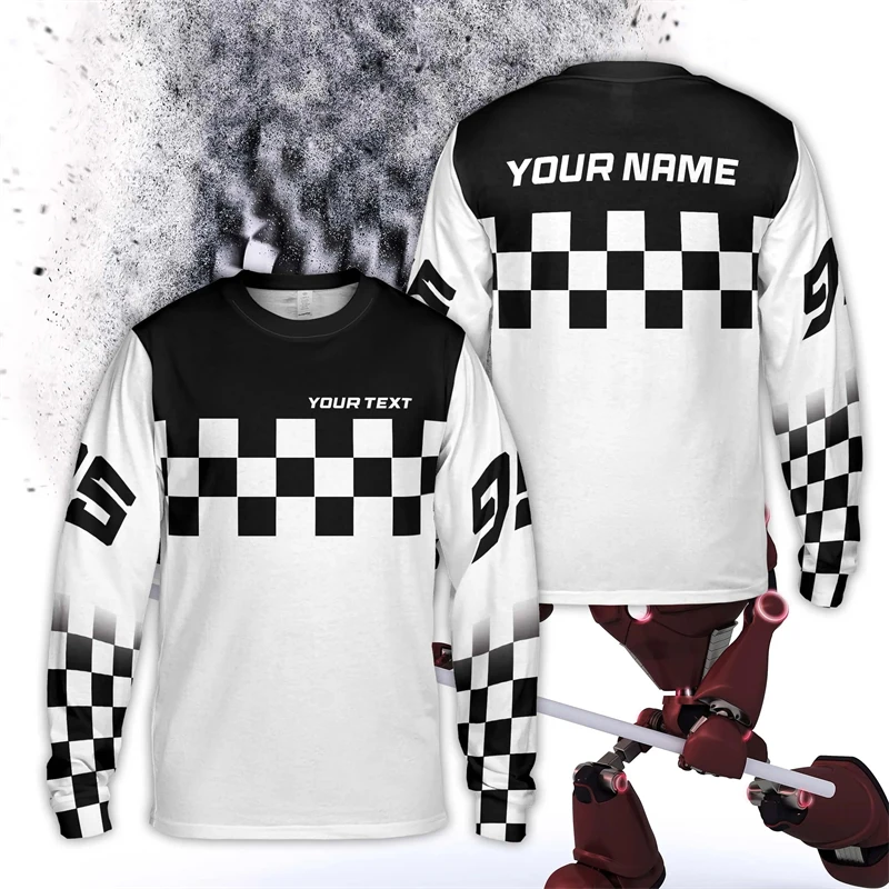 Personalized Color Checkered Motocross Long Sleeve Shirt For Men Custom Rider Name Dirt Bike 3D Printed T Shirts Loose Mens Tees