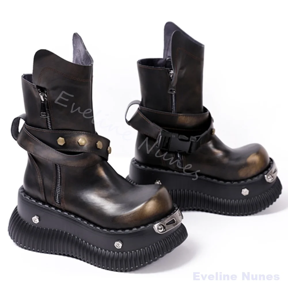 Distressed Punk Biker Boots Women Round Toe Metal Decoration Rivet Platform Mid Calf Boots 2026 Hot Girl Subculture Knight Boots