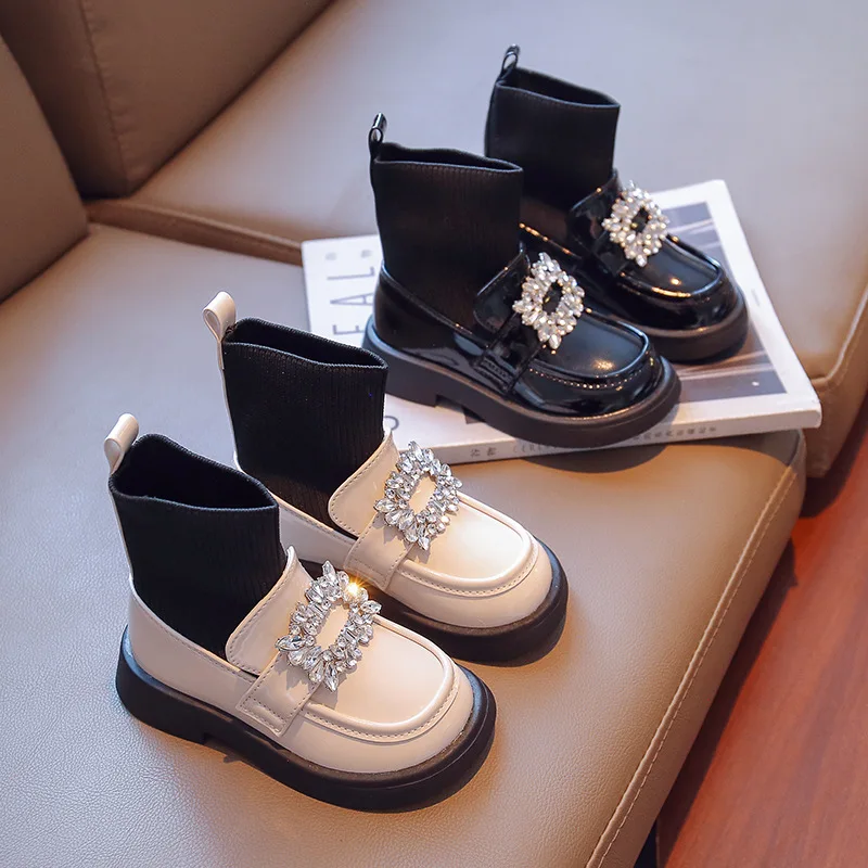 Children Ankle Boots Sock Girls Patent Leather Autumn Chelsea Boots Kids Rhinestone Shoe Black Fashion Kids Sneakers 3-12 Year