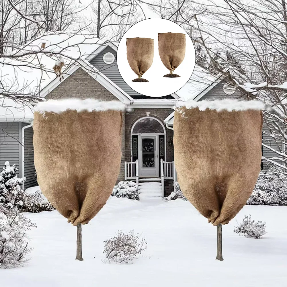 

2 Pieces Reusable Burlap Plant Covers for Winter Frost Protection Bags with Tie Strings to Secure Plants Outdoors