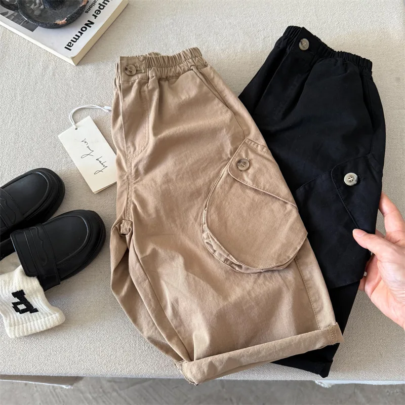 

Children's Long Pants 2025 Autumn New Boys and Girls Solid Color Pocket Straight Pants Baby Casual Long Pants Trendy