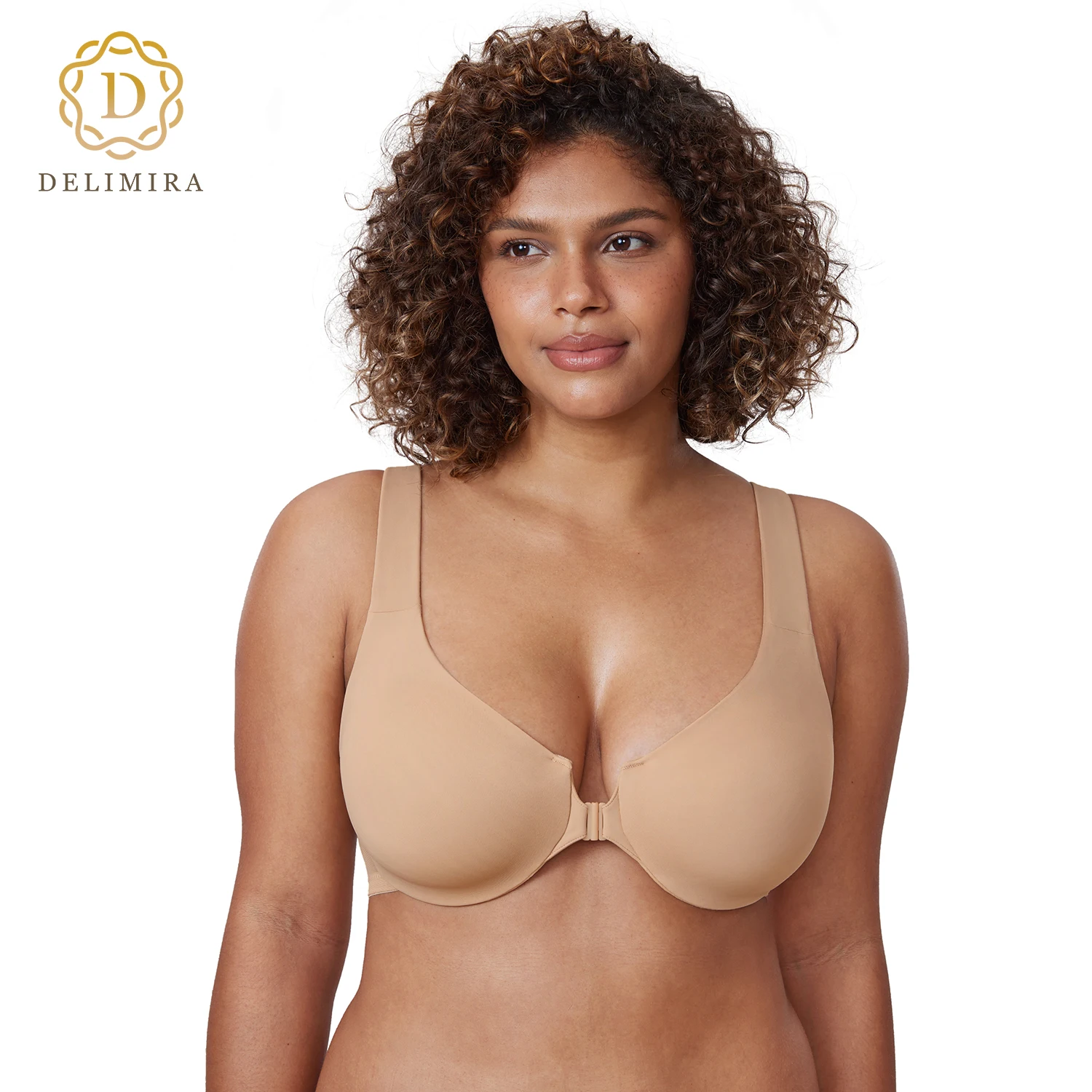 Delimira-Seamless Non acolchoado fechamento frontal sutiã para mulheres, Racerback Plunge, cobertura total, novo, Plus Size