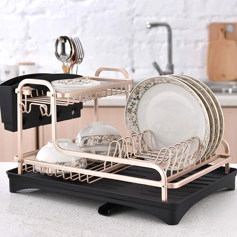 

1pc Kitchen Draining Rack Double Layer Storage Bowl Rack For Sink Organizer Premium Aluminum Alloy Gold Modern Space Saving