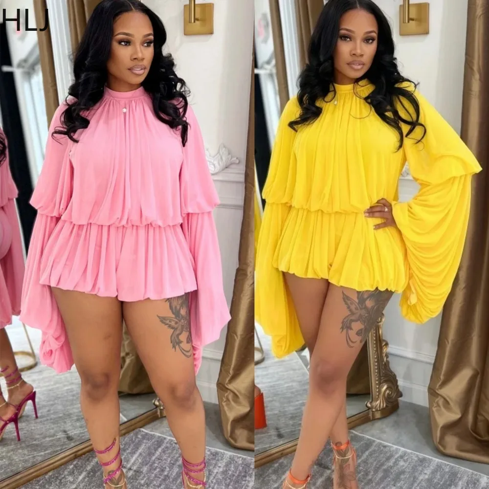 

HLJ Casual Ruched Patchwork Bodycon Romper Women Flare Sleeve High Waist One Piece Jumpsuit Female Streetwear Overalls Summer