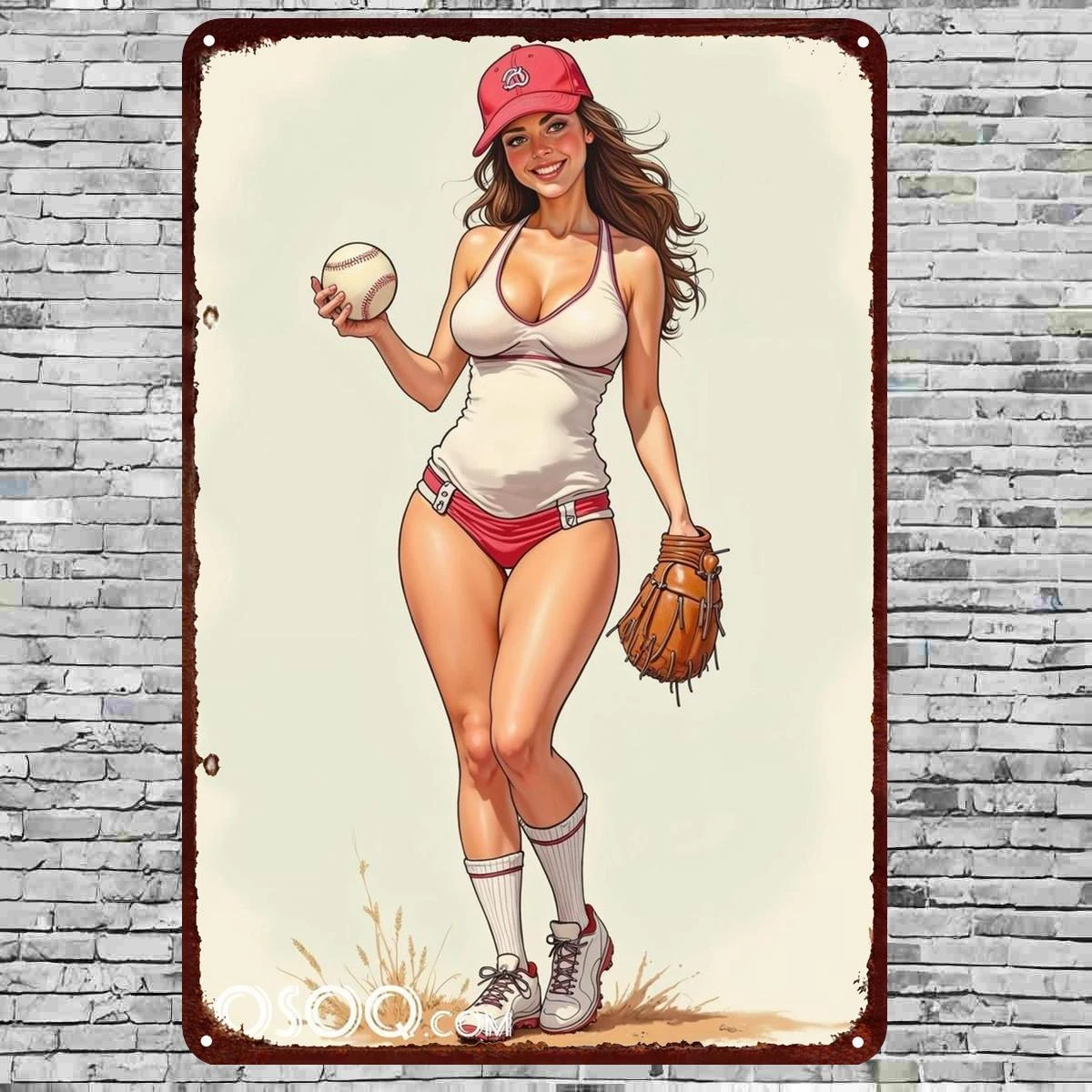 2D Metal Sign Pin-Up Baseball Girl Vintage Sport Wall Art Decor 8x12 Inch for Game Room Man Cave