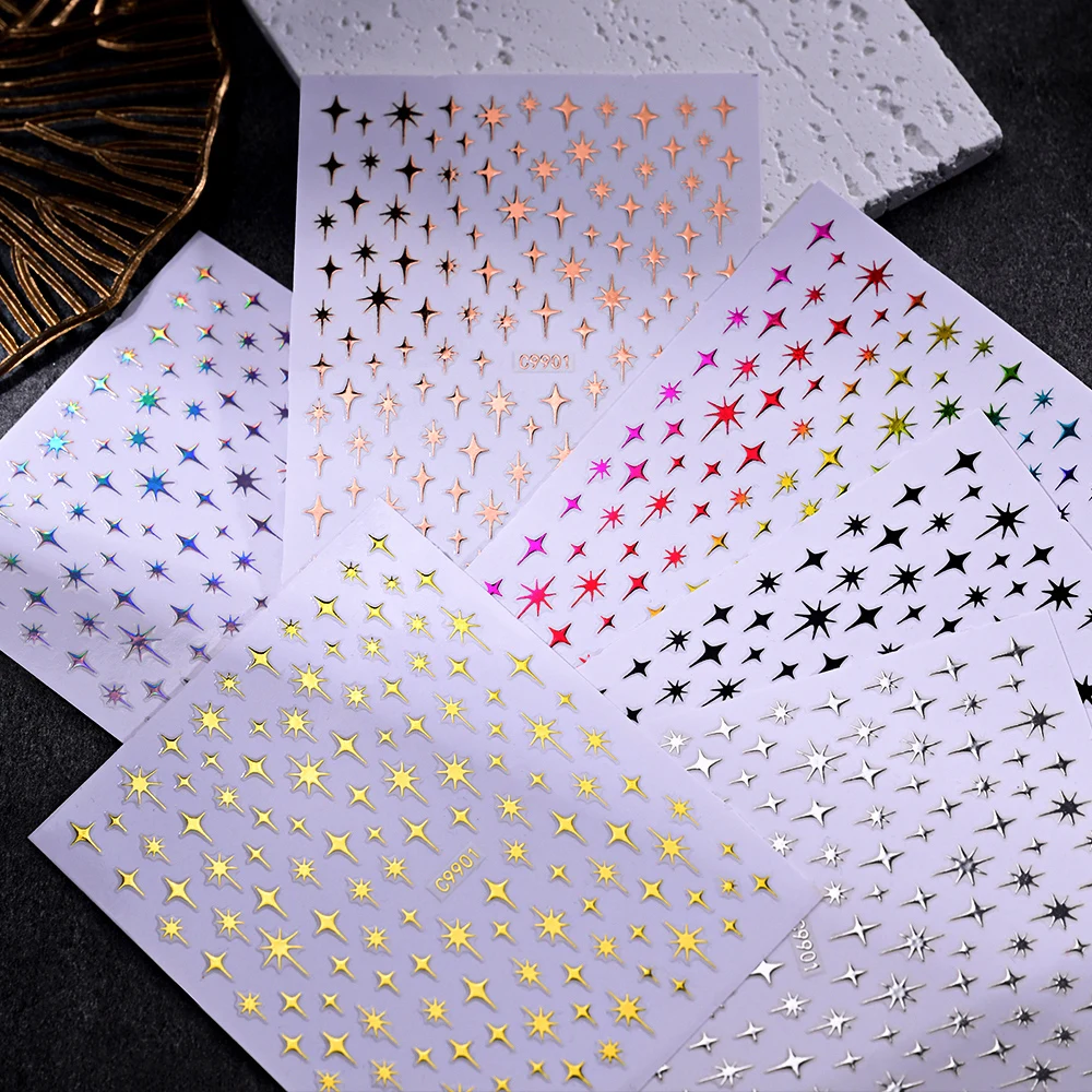 6pcs/Set 3D Aurora Gold Sliver Stars Nail Stickers Bronzing Laser Cross Starlight Glossychic Stylish Y2K Adhesive Manicure Decor
