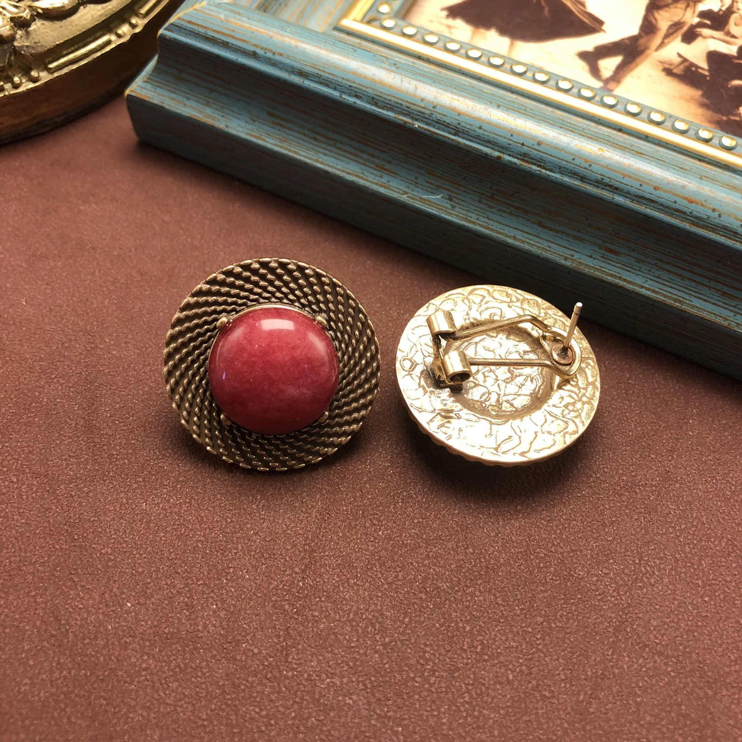 versatile simple round earrings inlaid with red stone beads stud earrings, earrings, jewelry