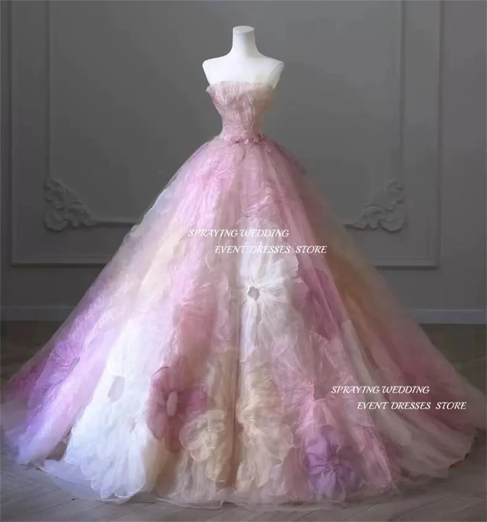 SPRAYING Colorful Wedding Dresses Korea Photo Shoot Gorgeous Corset Bridal Gown Strapless A-line Chapel Train Ball Gown Lace-up