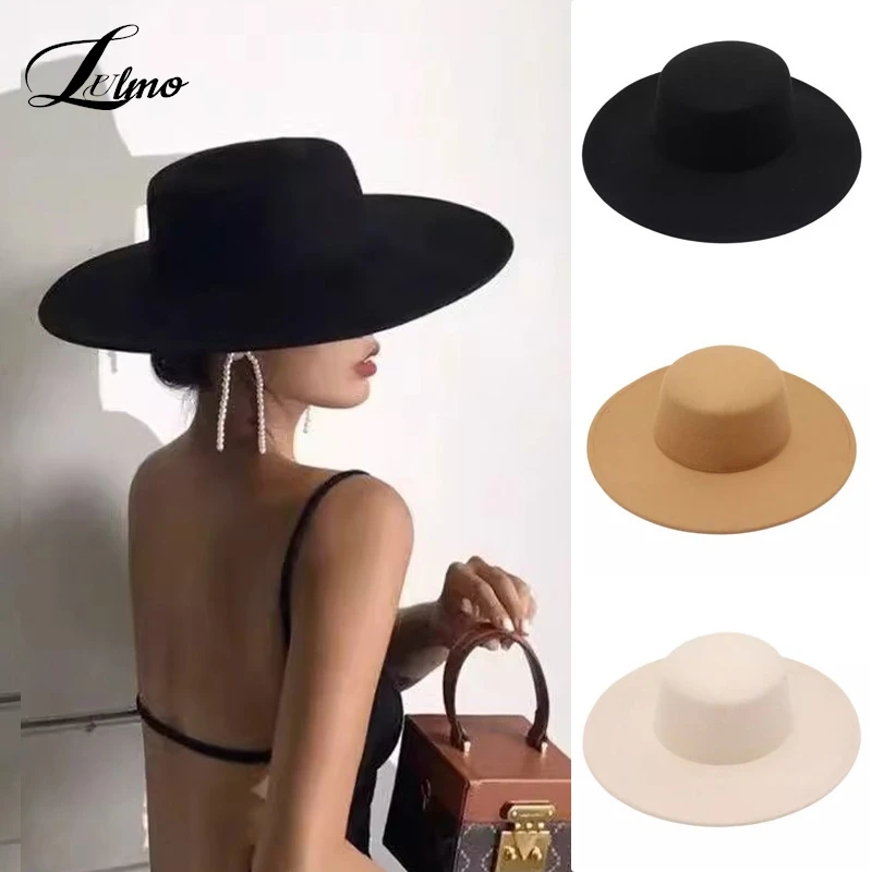 

Flat Top Fedoras Hats For Women Solid Color Imitation Woolen Jazz Cap Elegant British Wide Brim Ladies Caps Bowler Hats Fedora