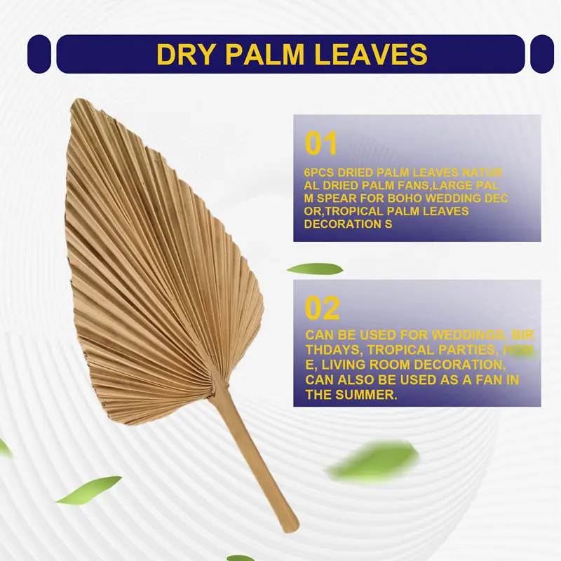 6PCS Dried Palm Leaves Natural Dried Palm Fans,Large Palm Spear For Boho Wedding Decor,Tropical Palm Leaves Decoration Durable S - Detail 1