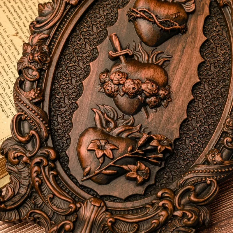 Religious Jesus Catholic Sacred Immaculate Heart Wall Decor, Wood Carving Wall Hanging Decor