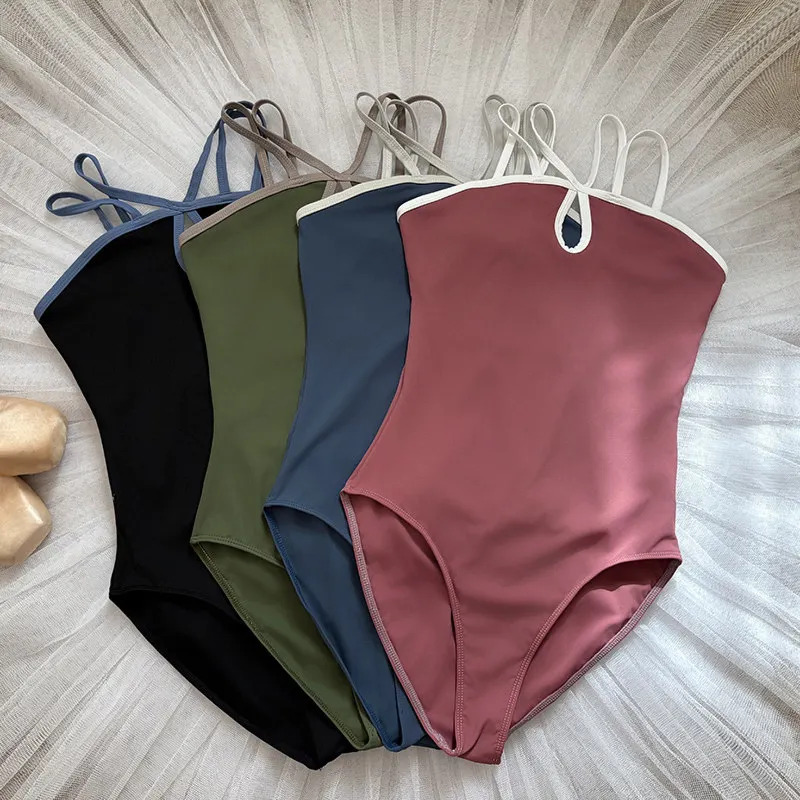 Women Solid Color Ballet Leotard Thin Double Straps Keyhole Gymnastics Bodysuit Female Dance Wear Yoga Training Dance Leotard