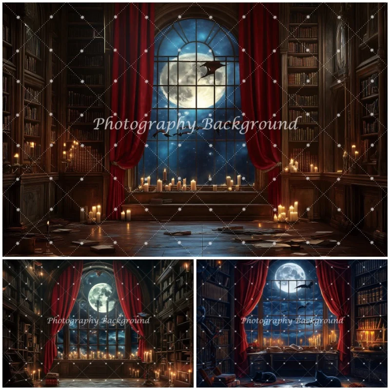 

Happy Halloween Vintage Library Photography Backdrop Moon Night Red Curtain Baby Photo Photographic Background Party Room Decors
