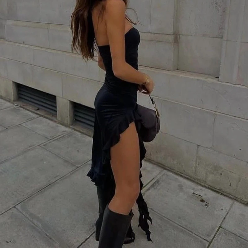 2024 verano Maxi vestido de mujer Vintage elegante negro moda sin mangas ajustado espalda descubierta Irregular borla vestidos de fiesta bata de calle