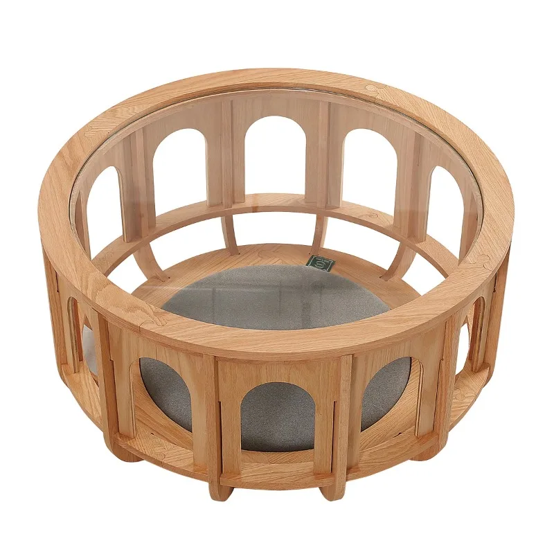 

Living room creative solid wood round glass coffee table modern simple household cat pet side table round table
