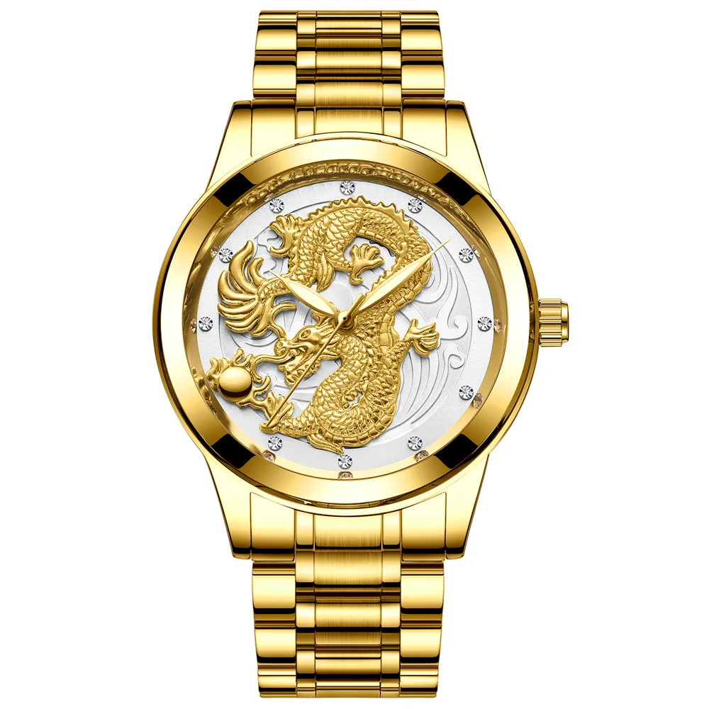 Top Brand Watch Men\'s Waterproof Luminous Gold Quartz Ultra Thin Stainless Steel Dragon Pattern Sports Watch Relogio Masculino