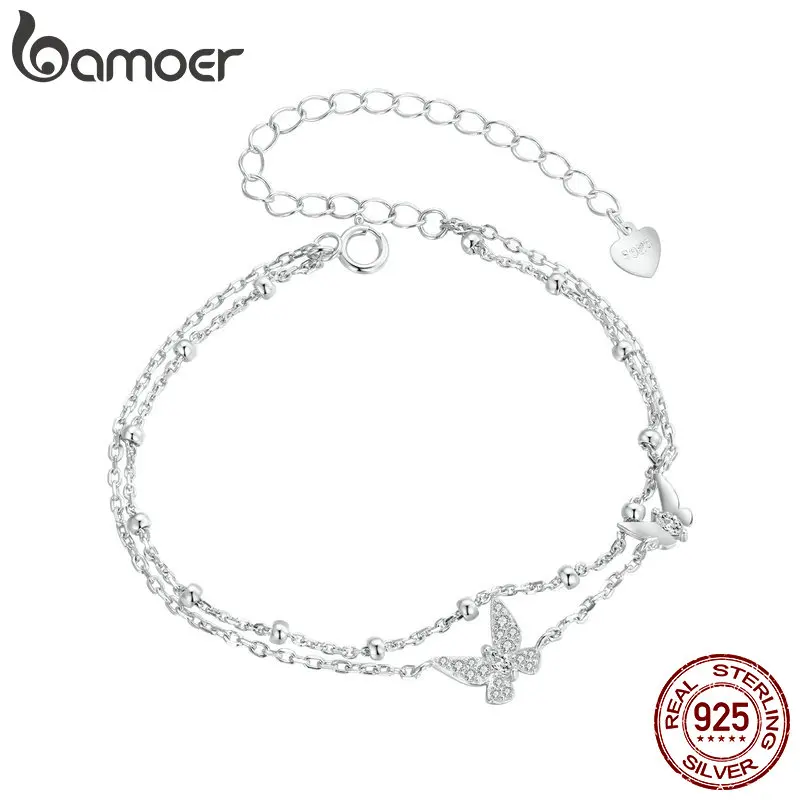 BAMOER Womens Double-Layer Butterfly Bracelet 925 Sterling Silver CZ Layered Bracelet Dainty Beaded Chain Adjustable 5.9