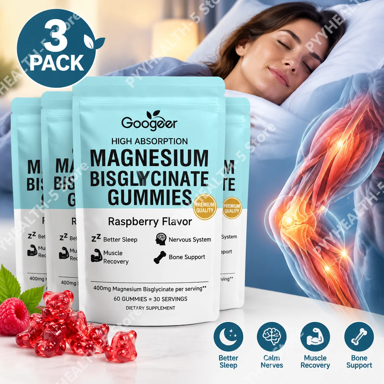 Magnesium Bisglycinate Gummies Ease Night Restlessness Calm Frazzled Nerves Speed Muscle Recovery Fortify Bone Density 60 Count