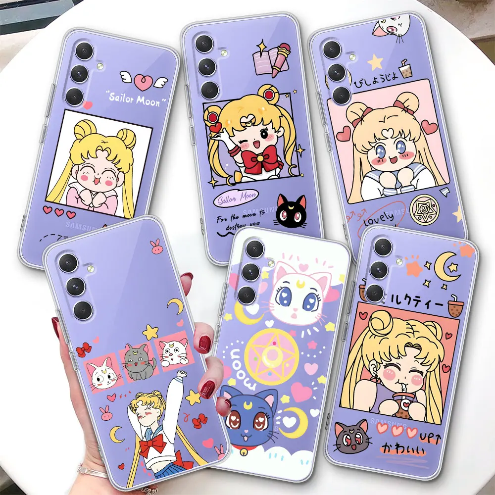 Transparent Case for Samsung Galaxy A57 A15 A27 A37 A16 A17 A54 A14 A22 A51 A53 A12 A13 TPU Phone Cover Tsukino Usagi Cute Cat
