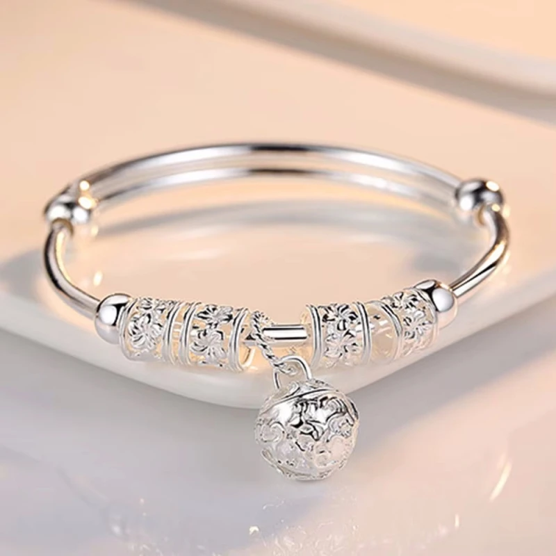 Fine 925 Sterling Silver Hollow Bells Ball Bangles Adjustable Bracelets For Women Fashion Holiday Gifts Party Wedding Jewelry