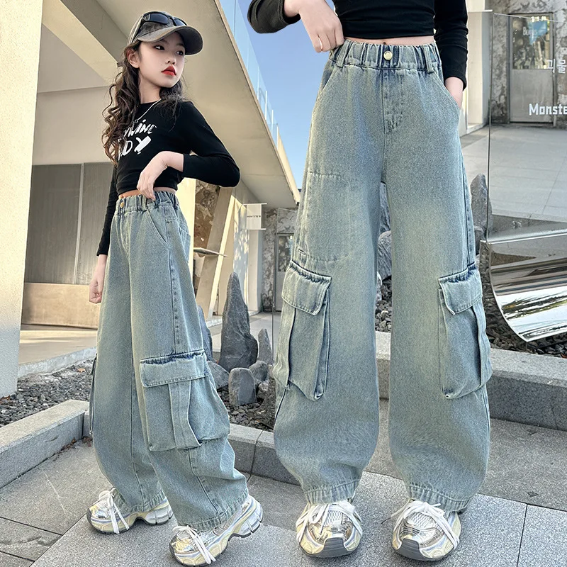 Kids Cargo Denim Pants with Side Pocket for Tween Girl High Fashion Hip Hop Jeans Children's Relaxed Fit Vintage Work Trousers