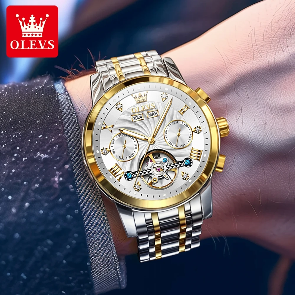 OLEVS 7088 reloj Original de lujo para hombre, cronógrafo con fecha, reloj mecánico resistente al agua de acero inoxidable para hombre, nuevo