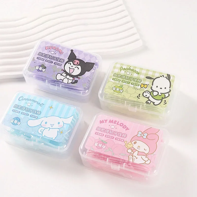 Miniso Sanrio-palo de hilo Dental fino y elástico con sabor a fruta, bonita caja de hilo redondo, portátil, para recoger dientes, corazón de niña