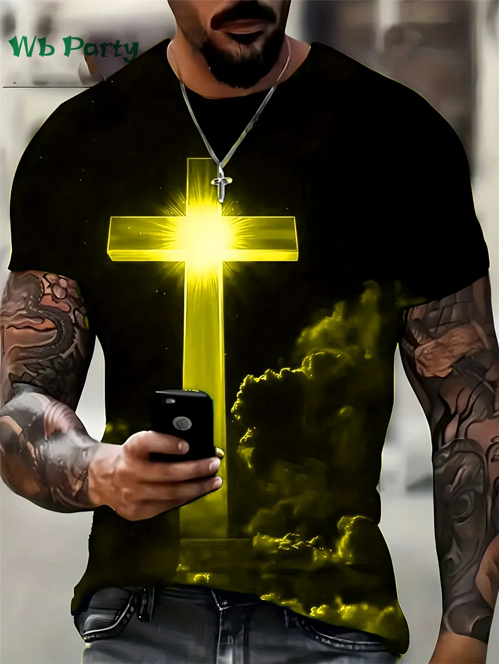 Redemption Night Crucifix Pattern Print T-shirt Short Sleeve Tee Men\'s Oversize T-shirt Crucifix Print Clothes Graphic T shirts