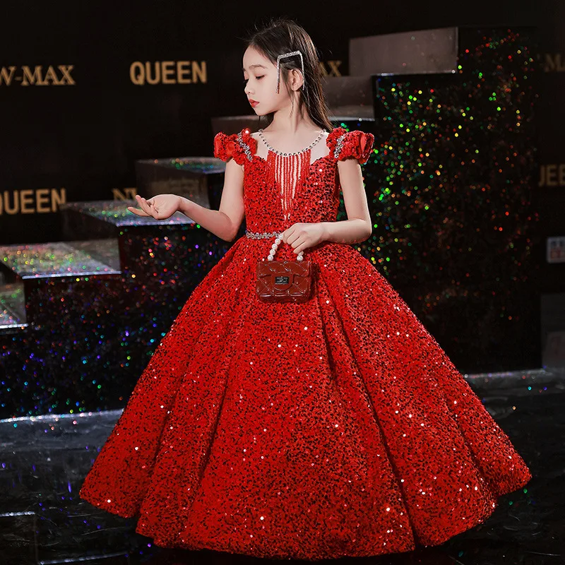 Blue Sequin Long Dress for Baby Girl Kid 2 To 12 Year Formal Red Puffy Dresses Evening Luxury Party Korean Children Gown Wedding