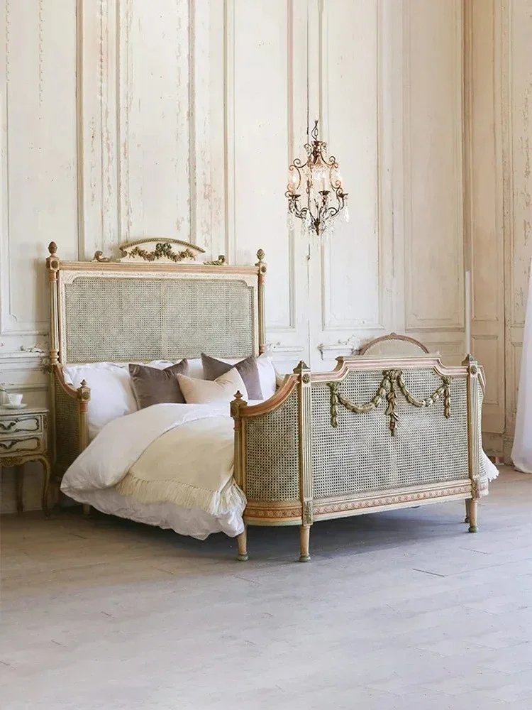 French retro rattan art bed American double classical old carved bed hand-painted antique wedding bed