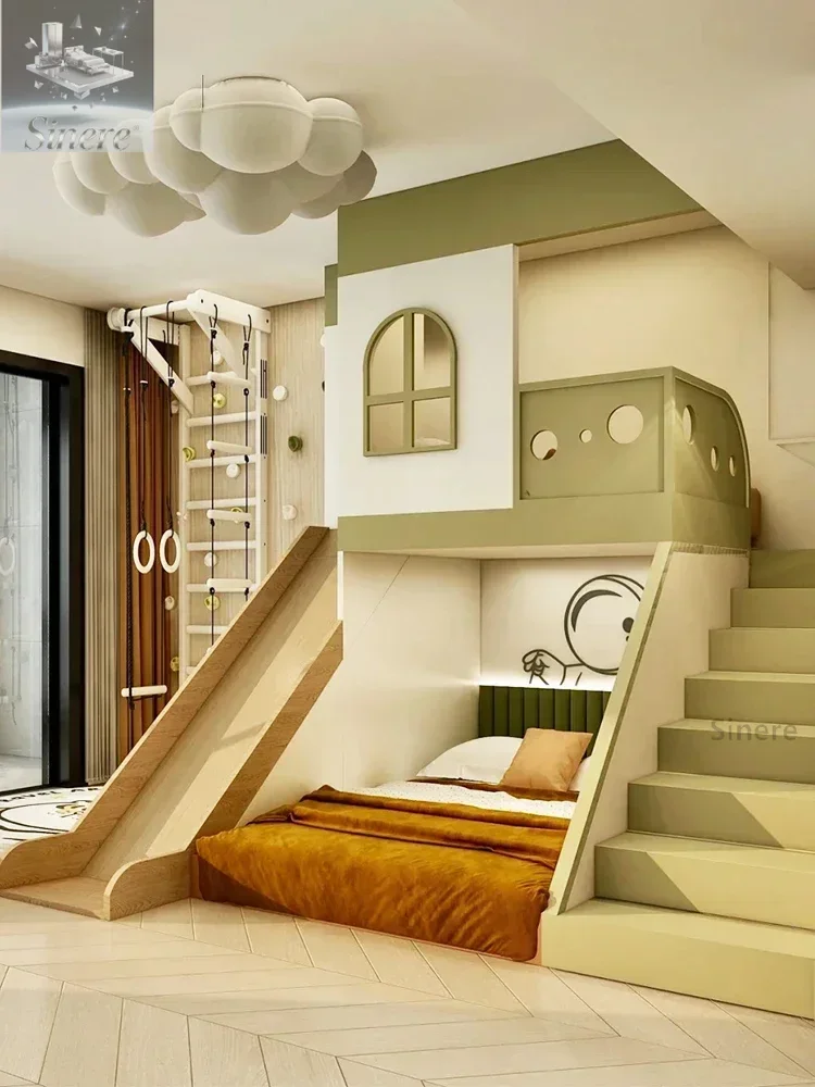 

Small Apartment Children's Room Custom Duplex 2nd Floor Loft with Slide Climbing Wall Staggered Bunk Beds