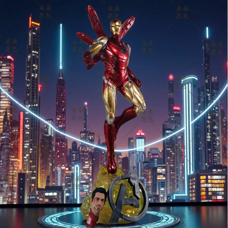 

Iron Man Action Figure Double Head Sculpt Light Up Avengers Movie Periphery Desk Statue Collectible Model For Adult Home Decor