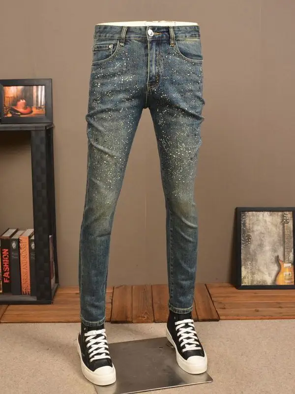 

Мужские джинсы с ретро-дизайном и стразами, облегающие, эластичные, повседневные, с высокой талией, молодежные, модные, в корейском стиле, осенне-весенние
