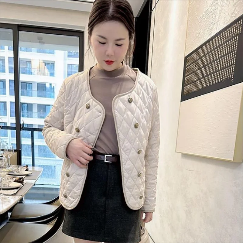 2024 New Autumn Winter European Women Round Neck Double-breasted Cotton Coat Diamond Lattice Light Short Jacket Padded Clothes