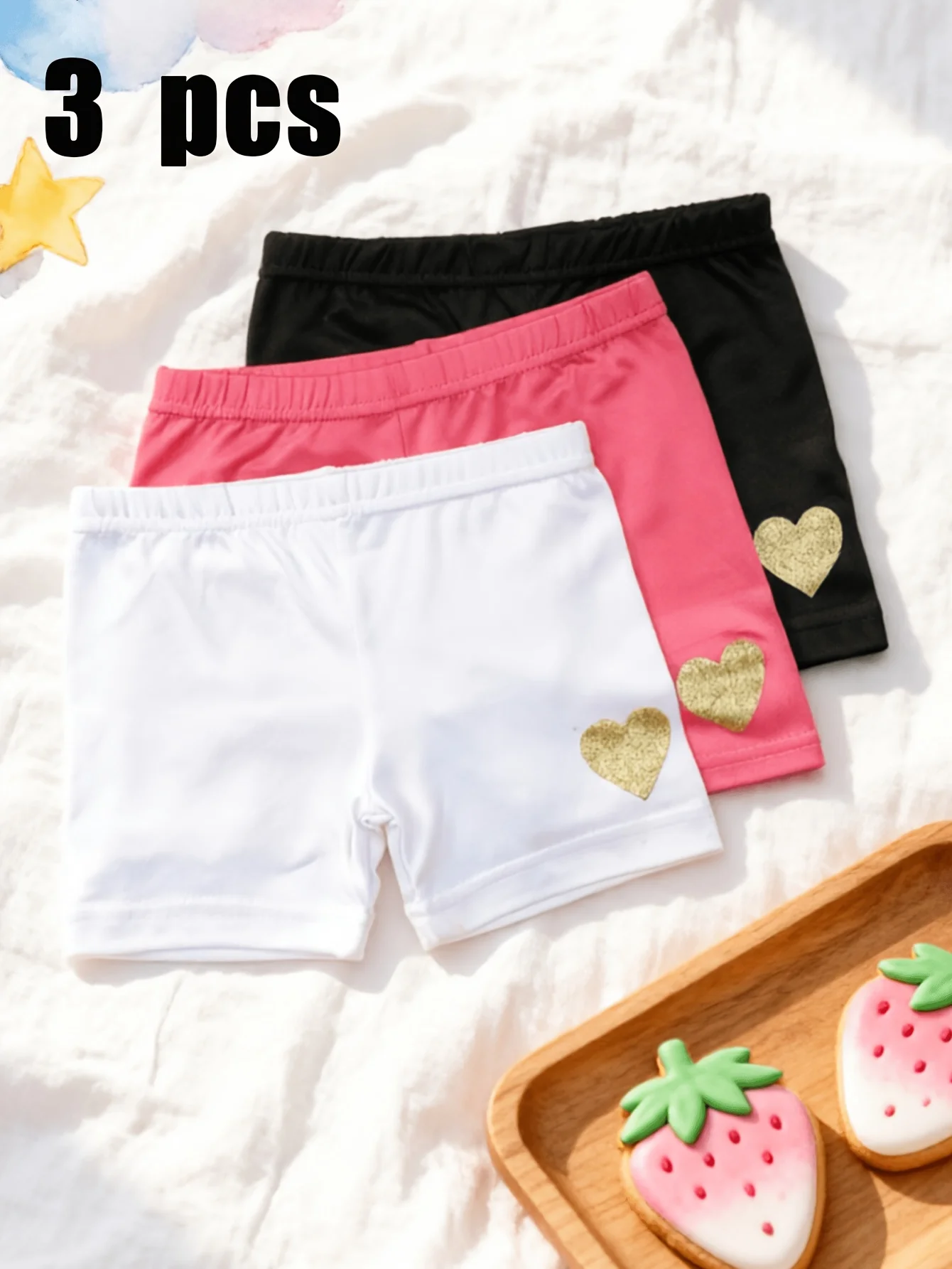 3 Stück Mädchen 2-11 Jahre Goldherz-Print Sicherheits-Fahrradshorts Polyester Spandex Elastisch Unterrock Atmungsaktiv Schul- und Alltagskleidung – Detail 1