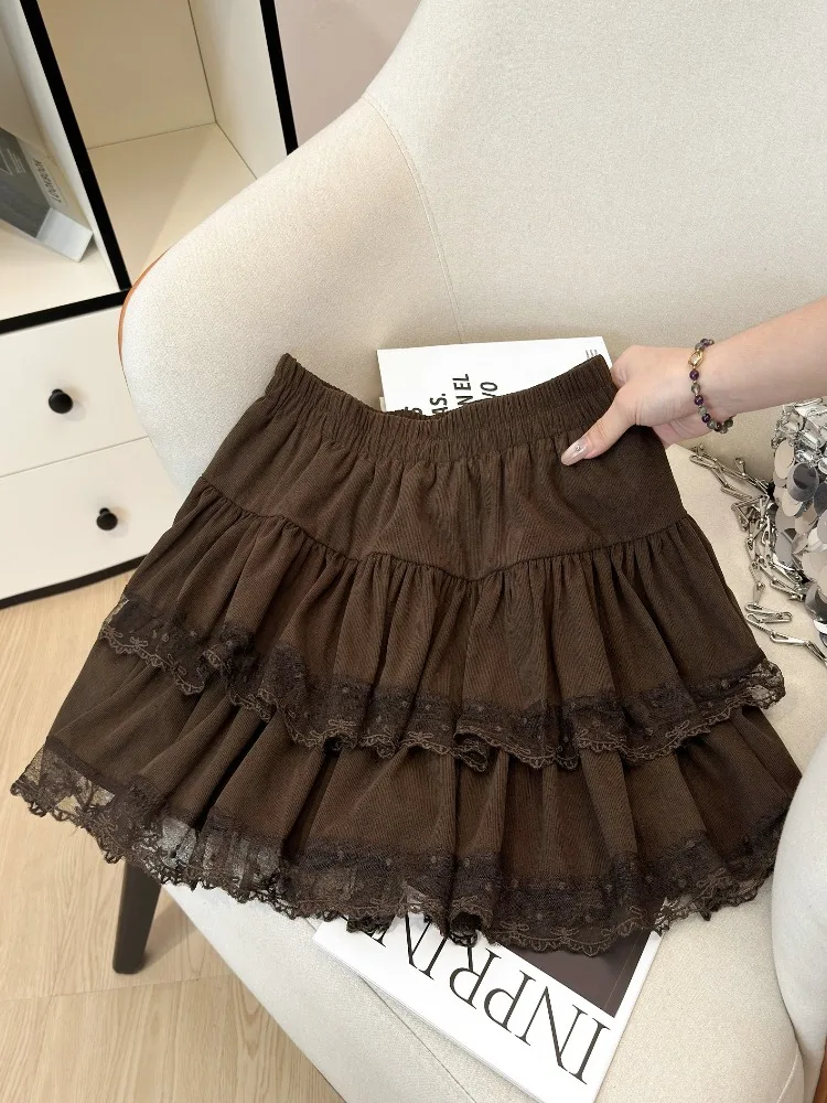 

Золотой бархатный узел с вышитой кружевной отделкой, пышная юбка-торт, юбка трапециевидной формы с высокой талией для женщин, осенняя новинка