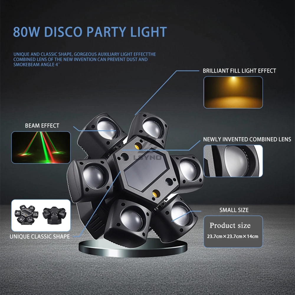 80W 6-Arm Moving Head Disco Party Light Remote Mini LED Beam DJ Mobile DMX Stage Effect For Bar Events Birthday Live Show Club